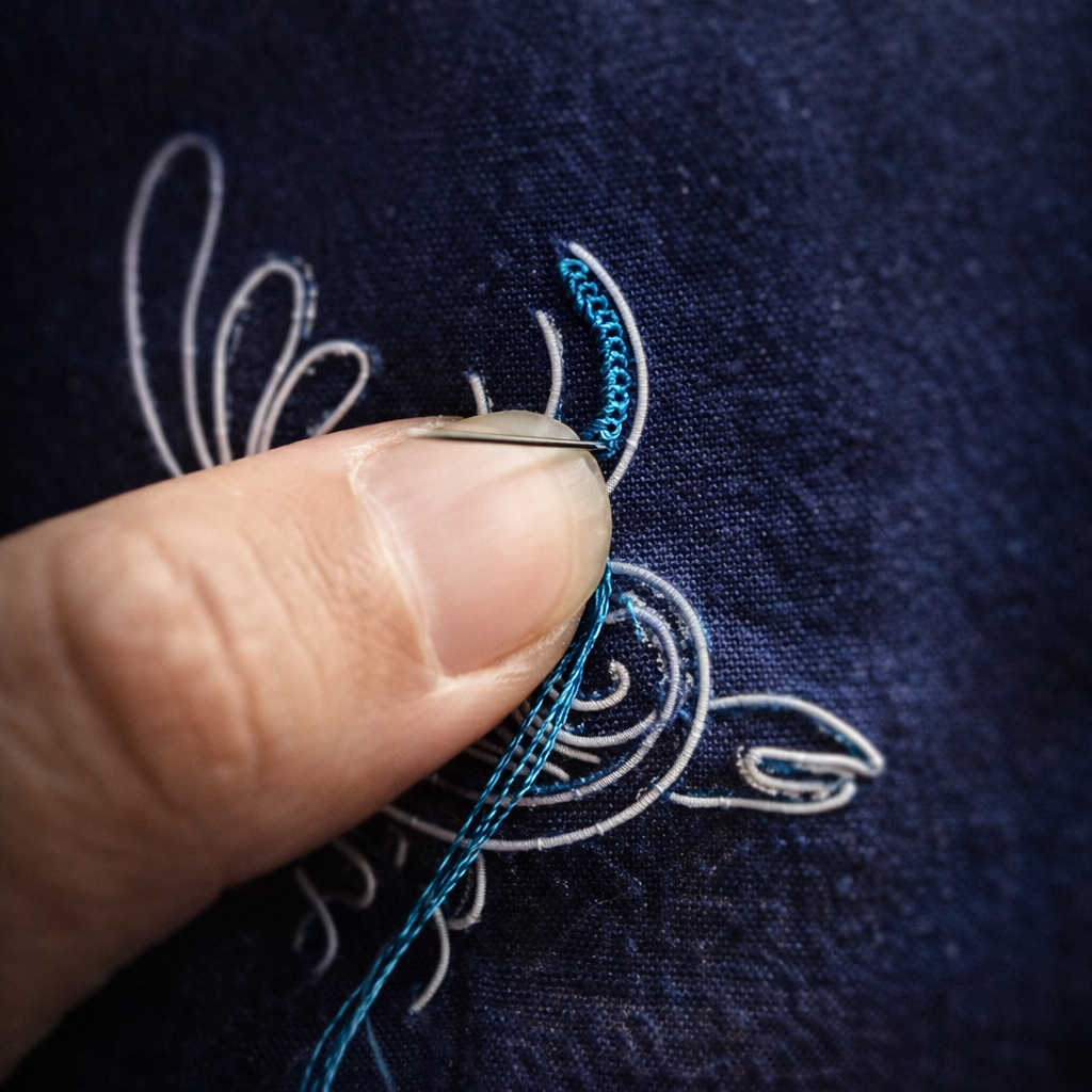 Needle stitching on indigo fabric