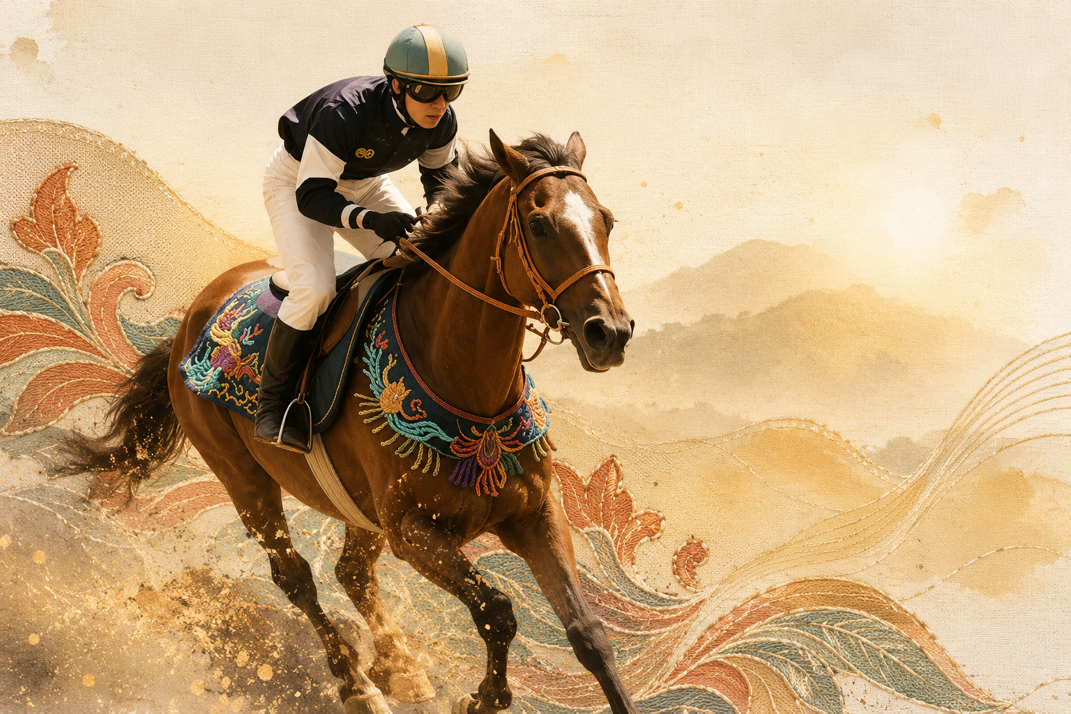Shui horse racing — jockey mid-gallop, embroidered scene